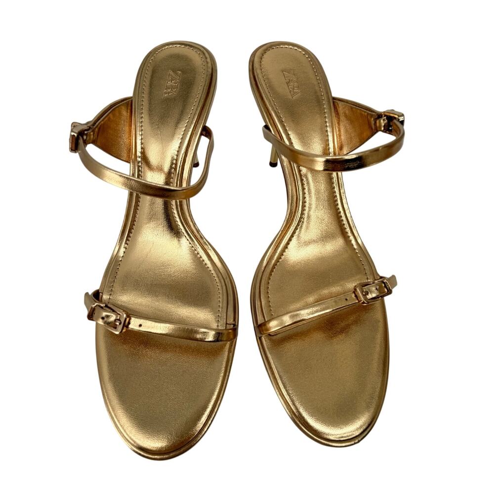 ZARA Metallic Gold Strap Stiletto Heels Sandals 3.1" 9 EUC